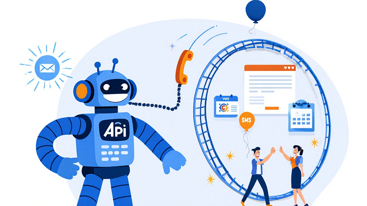 A friendly robot with phone arms plugs into a website form, launching a rollercoaster call that triggers automated emails and calendar updates.