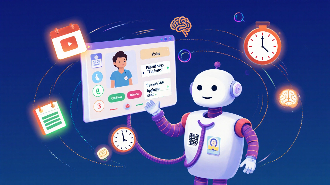 A stethoscope-shaped phone call from a robot confirms a patient’s appointment, sending a QR code while AI summaries float nearby.