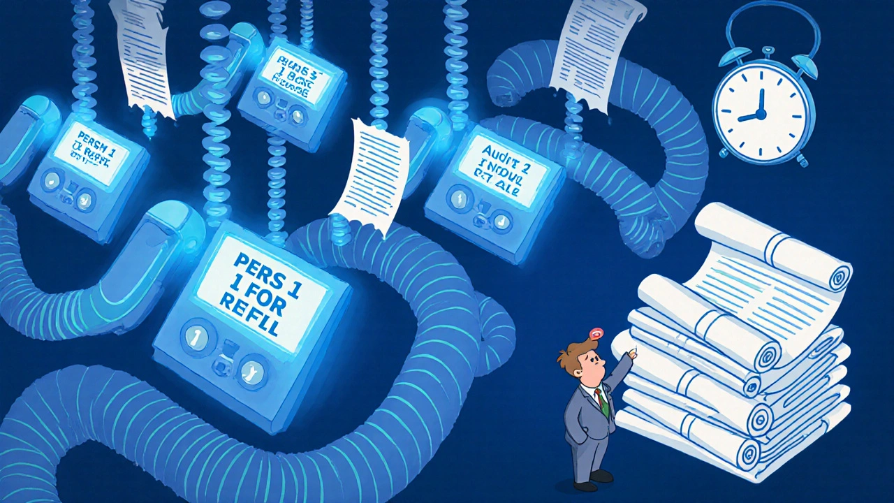 Call center with encrypted lines and IVR menu, audit logs scrolling in background.