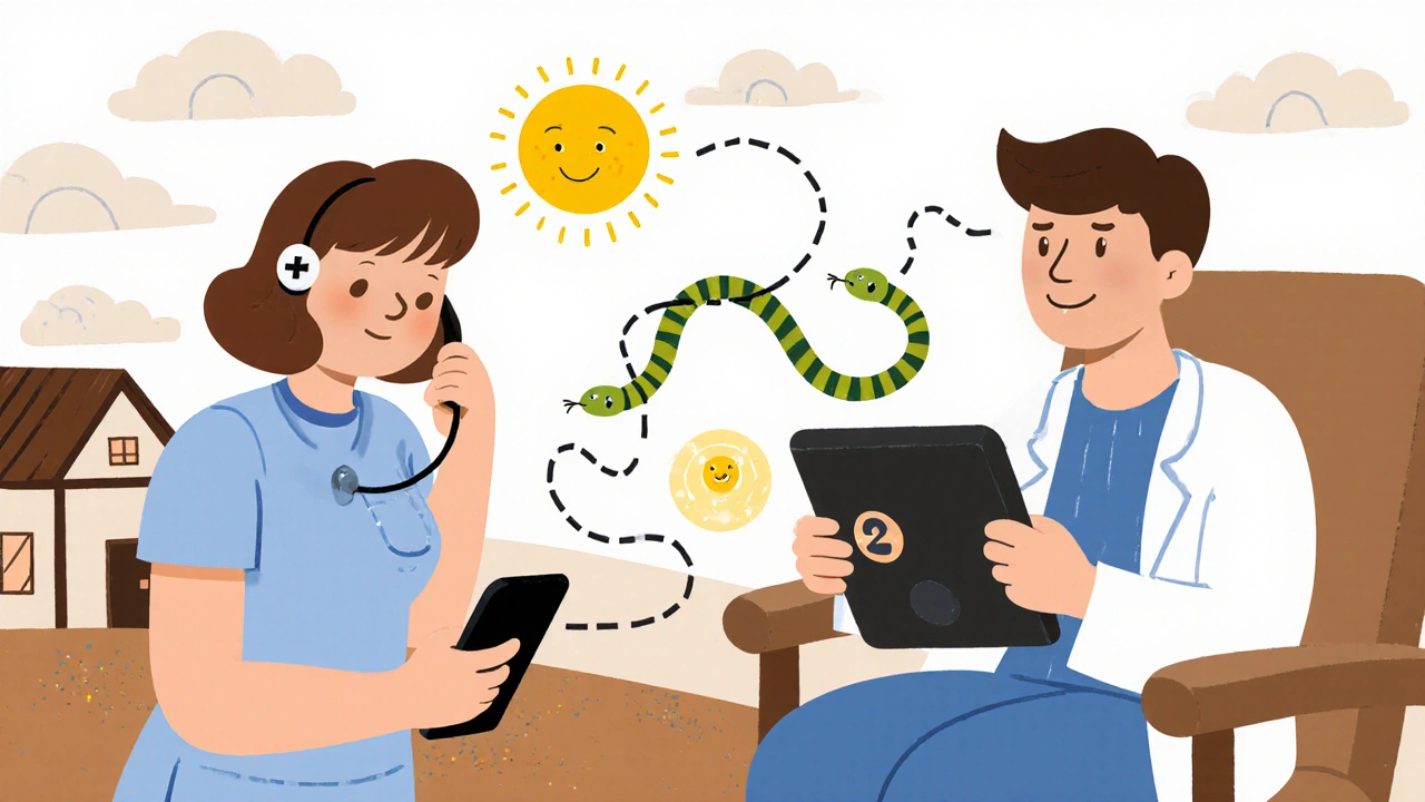 Clinic worker using RingRx offline mode in rural area with friendly smartphone interface