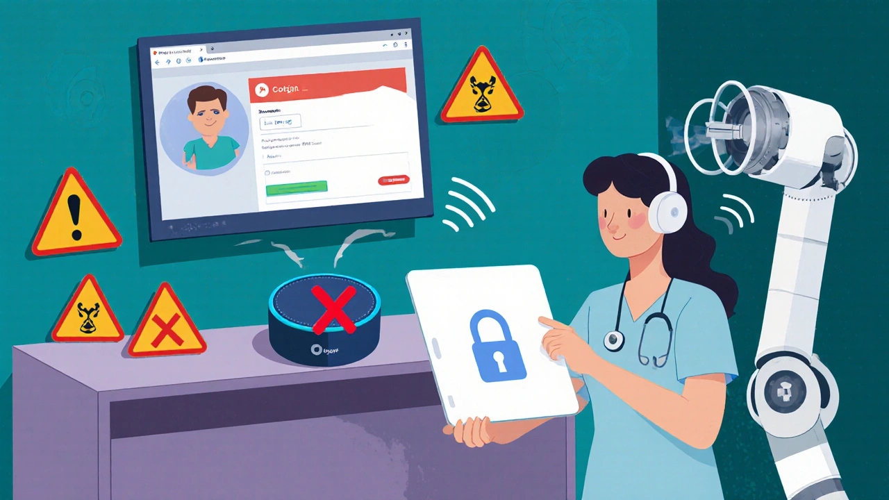 Remote tech securely accessing patient records while smart speaker is marked with X.