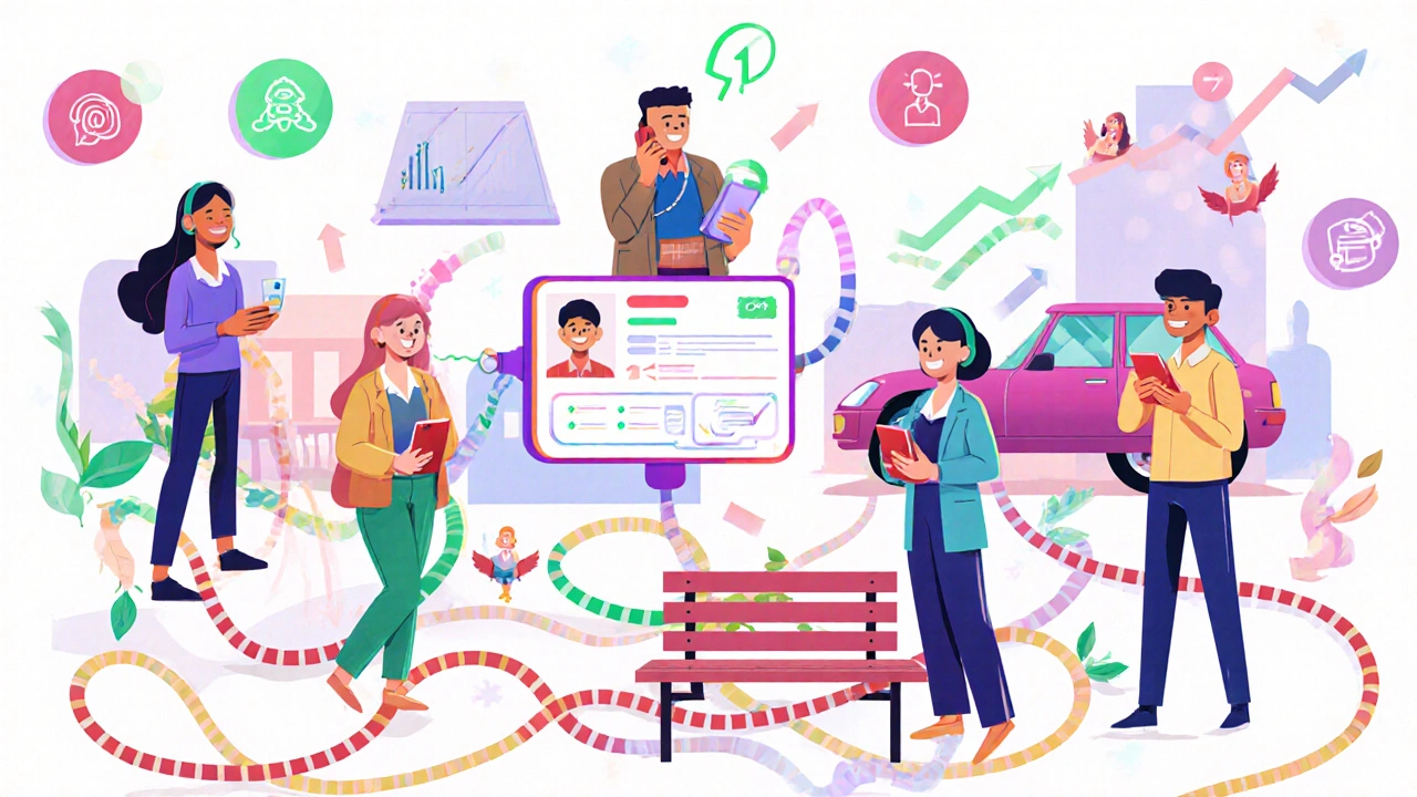 Remote workers across locations receive the same call via stretchy SIP lines, one answers and others relax.