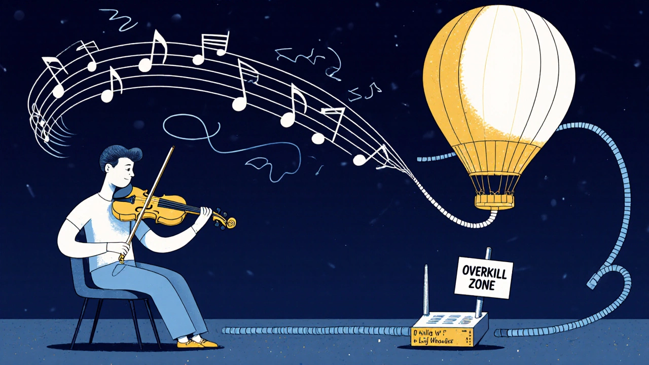 Violinist surrounded by musical 48kHz waves while bandwidth rope strains over router.