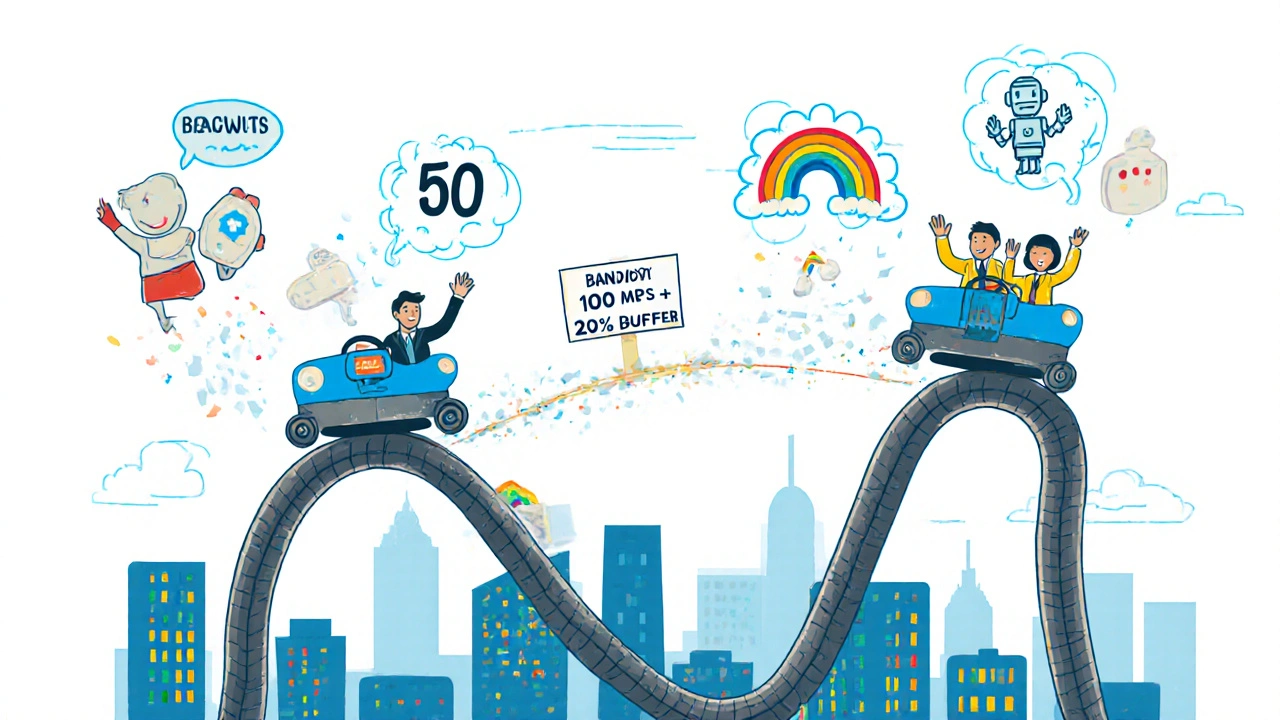 Agents riding an internet cable as call volume grows from 50 to 500 with cheerful data bubbles.