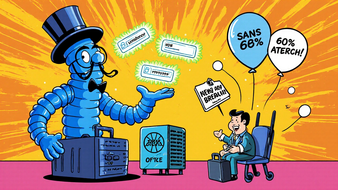 Big registrar server juggling passwords while a tiny PBX rolls in, with latency balloons and breach warning.