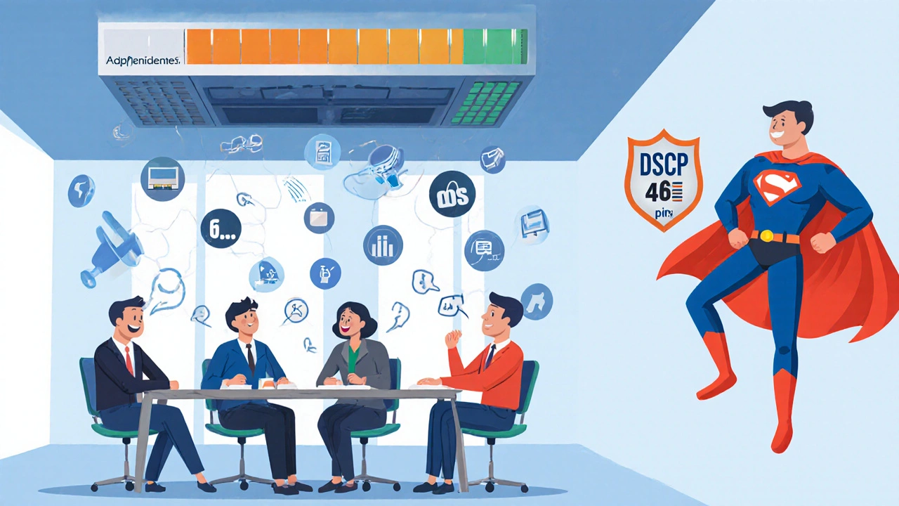 Employees with phone heads in a meeting as a bandwidth bar crashes — saved by a superhero router with a QoS cape.