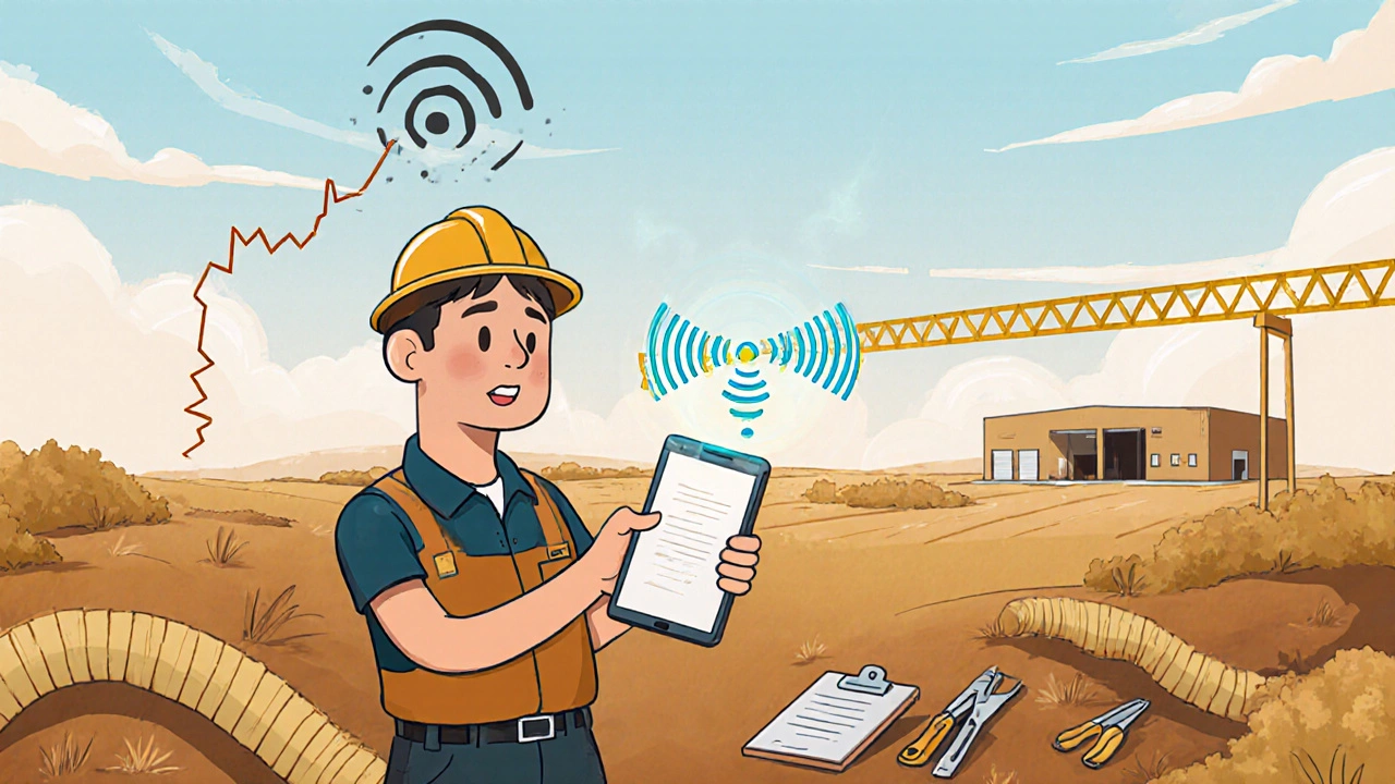 Field technician in rural area connected to warehouse via glowing VoIP signal despite weak cellular bars.