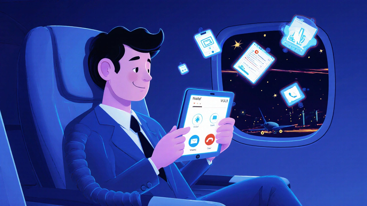Manager on a plane transferring a call smoothly from phone to tablet with floating business app icons.