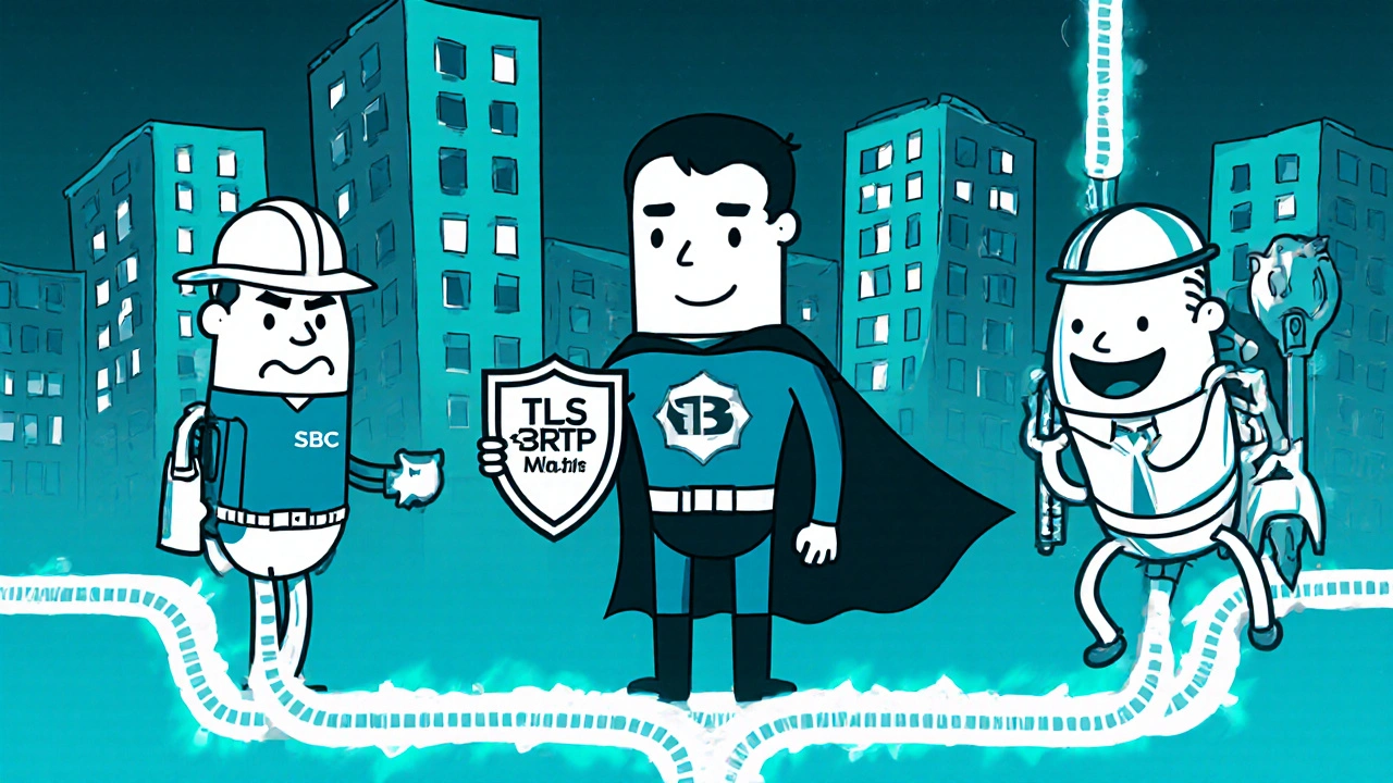 SBC superhero between static IP and registration devices, connected by flexible tubes, wearing TLS shield.