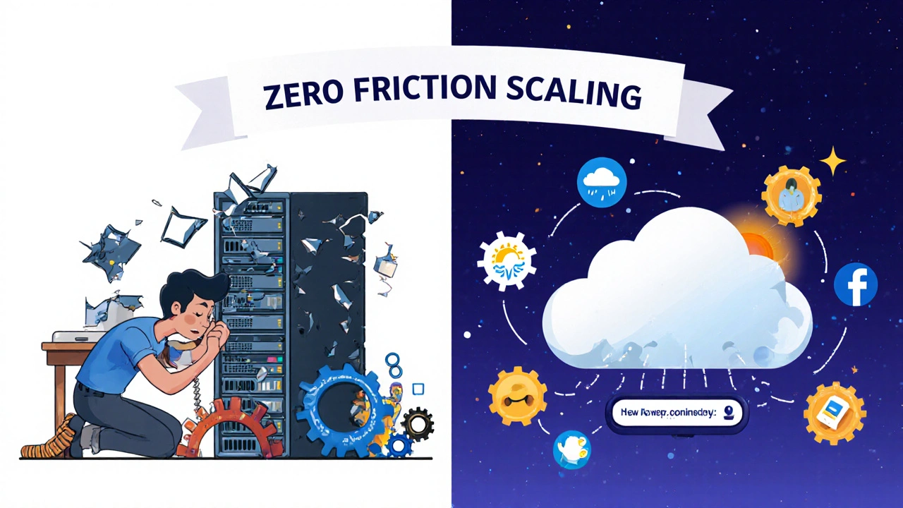 Split scene: broken PBX on left, auto-scaling cloud platform on right with AI and smartphone login.