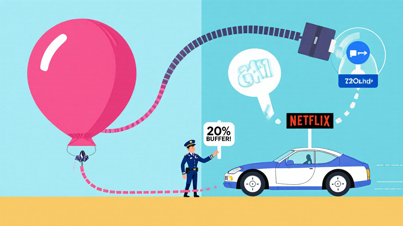 Two VoIP calls compared: a bloated G.711 balloon vs. a streamlined G.729 car, with a QoS traffic cop directing packets.
