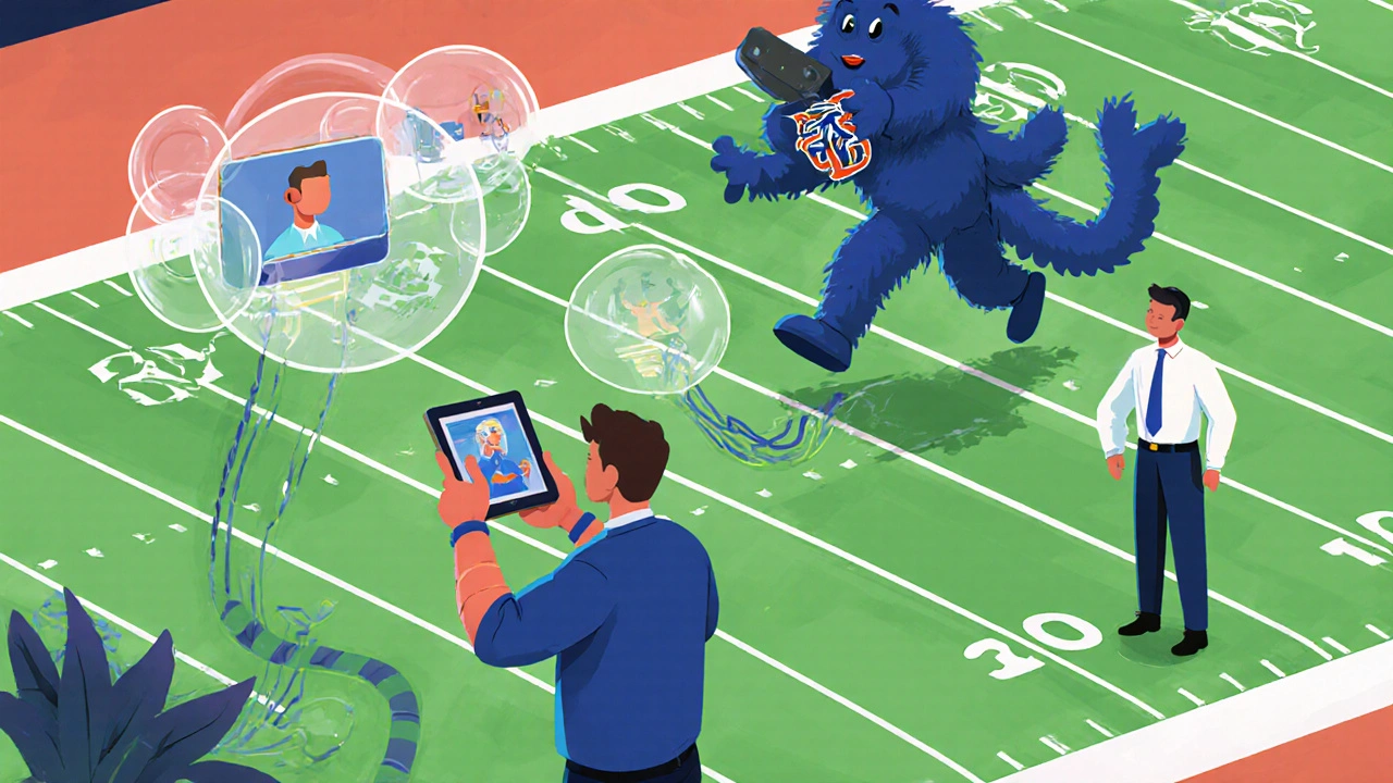 A coach uses a tablet to view live game footage while a mascot and staff member connect via a glowing network line.