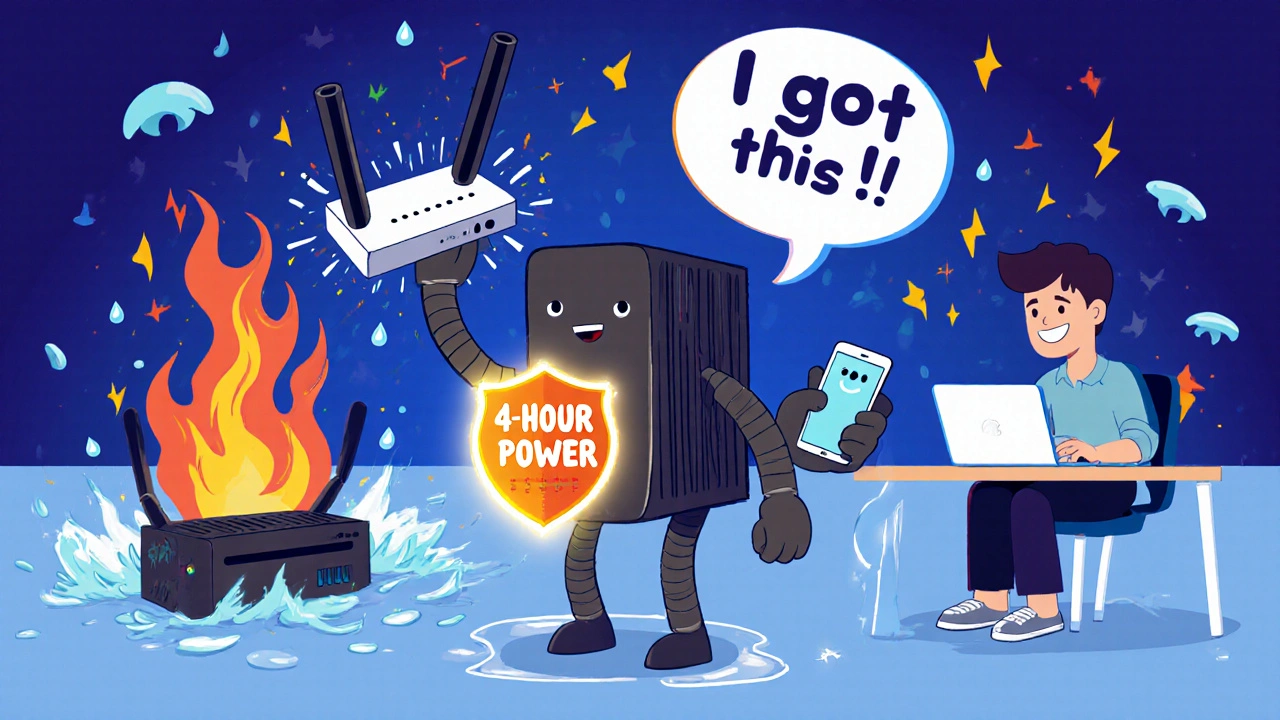 A cute UPS device heroically powering phones and router while disasters crash around it.
