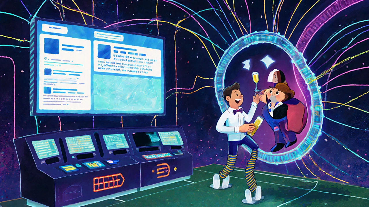 A glowing IP network powers a stadium’s scoreboard, fan apps, and delivery staff in a vibrant cartoon control room.