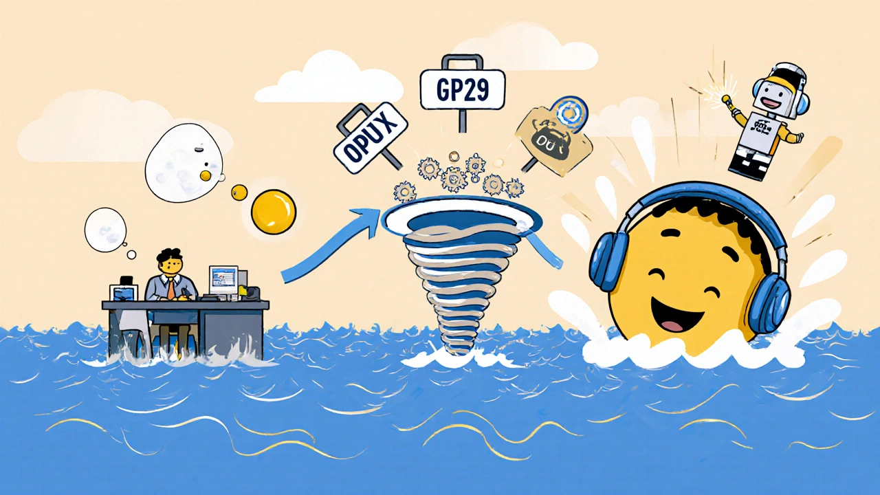 A voice bubble travels through a transcoder tornado, turning from G.711 to OPUS as it crosses oceans to a happy listener.