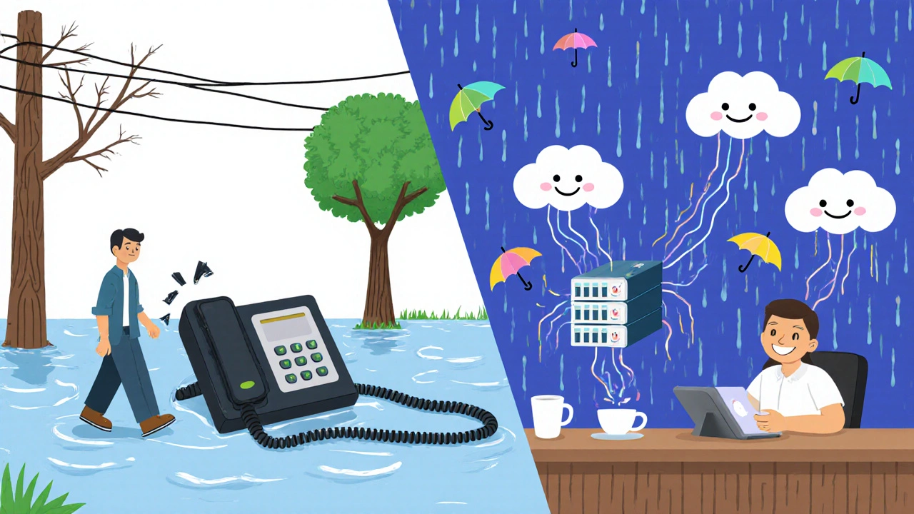 Broken landline next to a sad customer vs. a happy worker answering calls from a coffee shop.