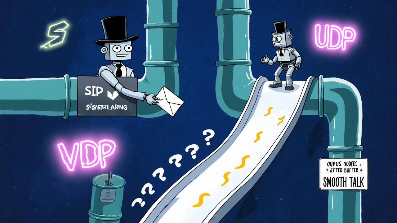 Quirky VoIP machine with TCP robot handing off a letter and UDP sound waves sliding down a bouncy slide.