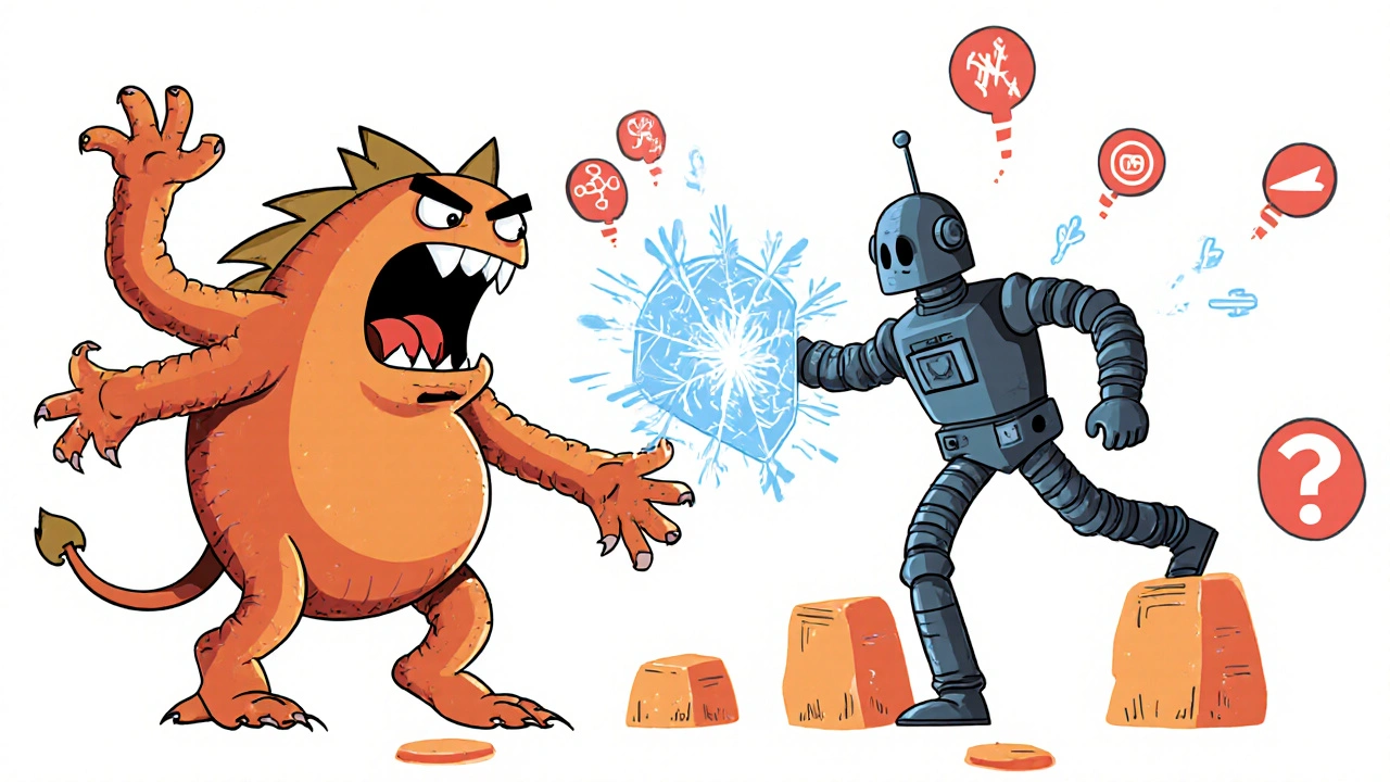 Robot with freeze-ray shielding against a chaotic double-talk monster, with tail length icons floating in the background.