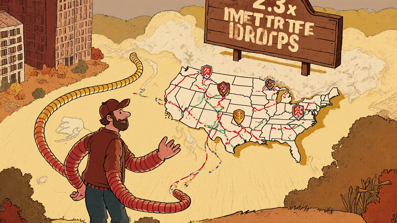 Rural call path winds across the country while urban calls take short routes, with a &#039;2.3x more drops&#039; warning.