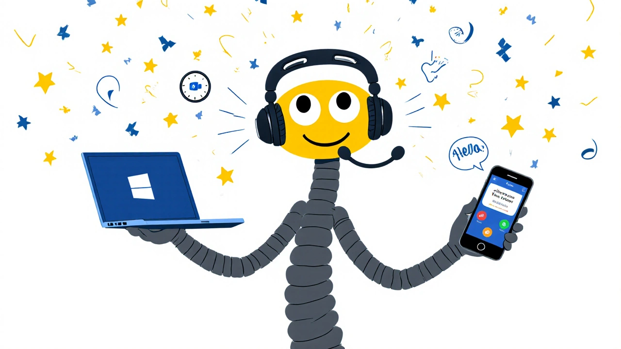 Smiling headset with arms toggling between laptop and phone, surrounded by productivity stars