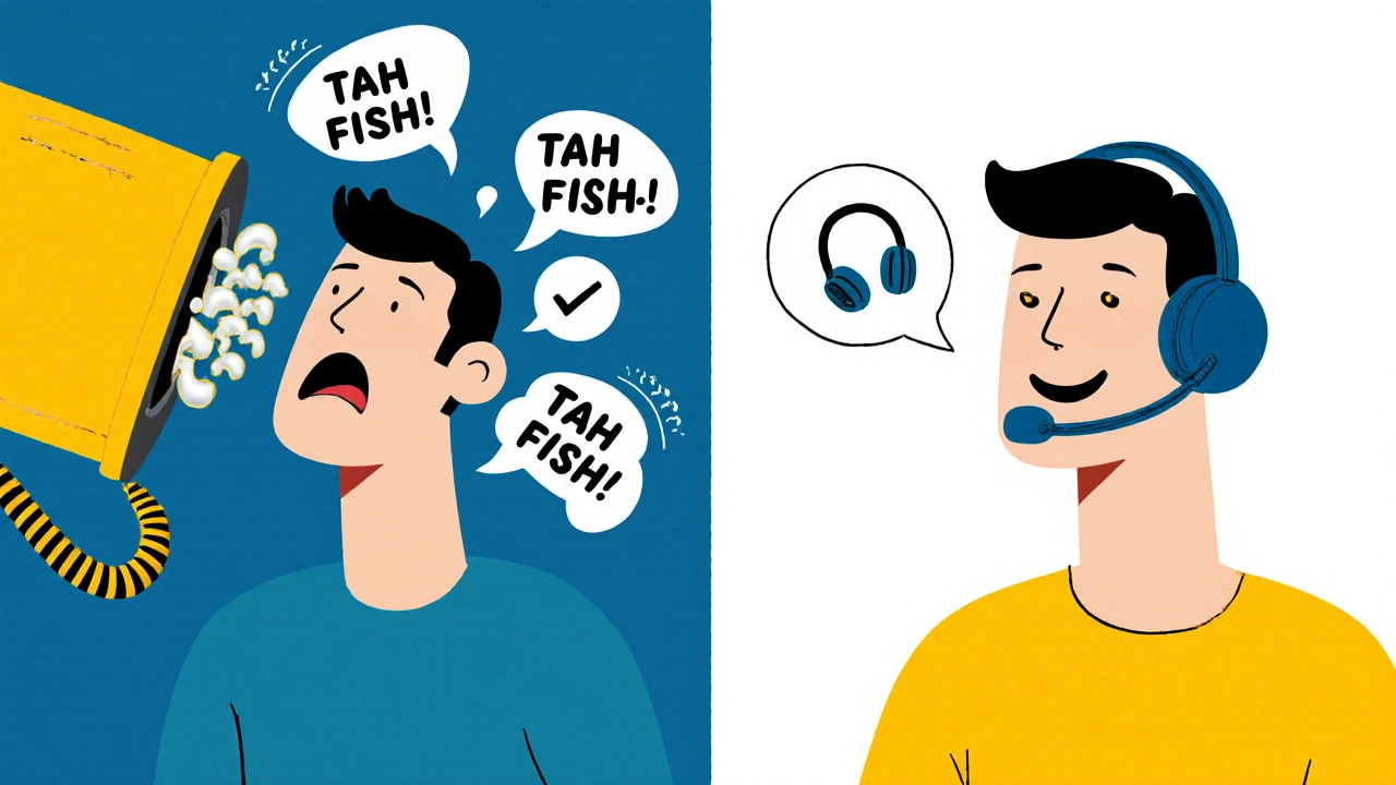 Split scene: person shouting into speakerphone with echoing speech bubbles vs. same person using headset with clean audio.