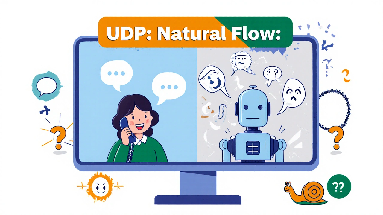 Split-screen cartoon comparing smooth voice flow (UDP) vs robotic stutter (TCP) during a call.