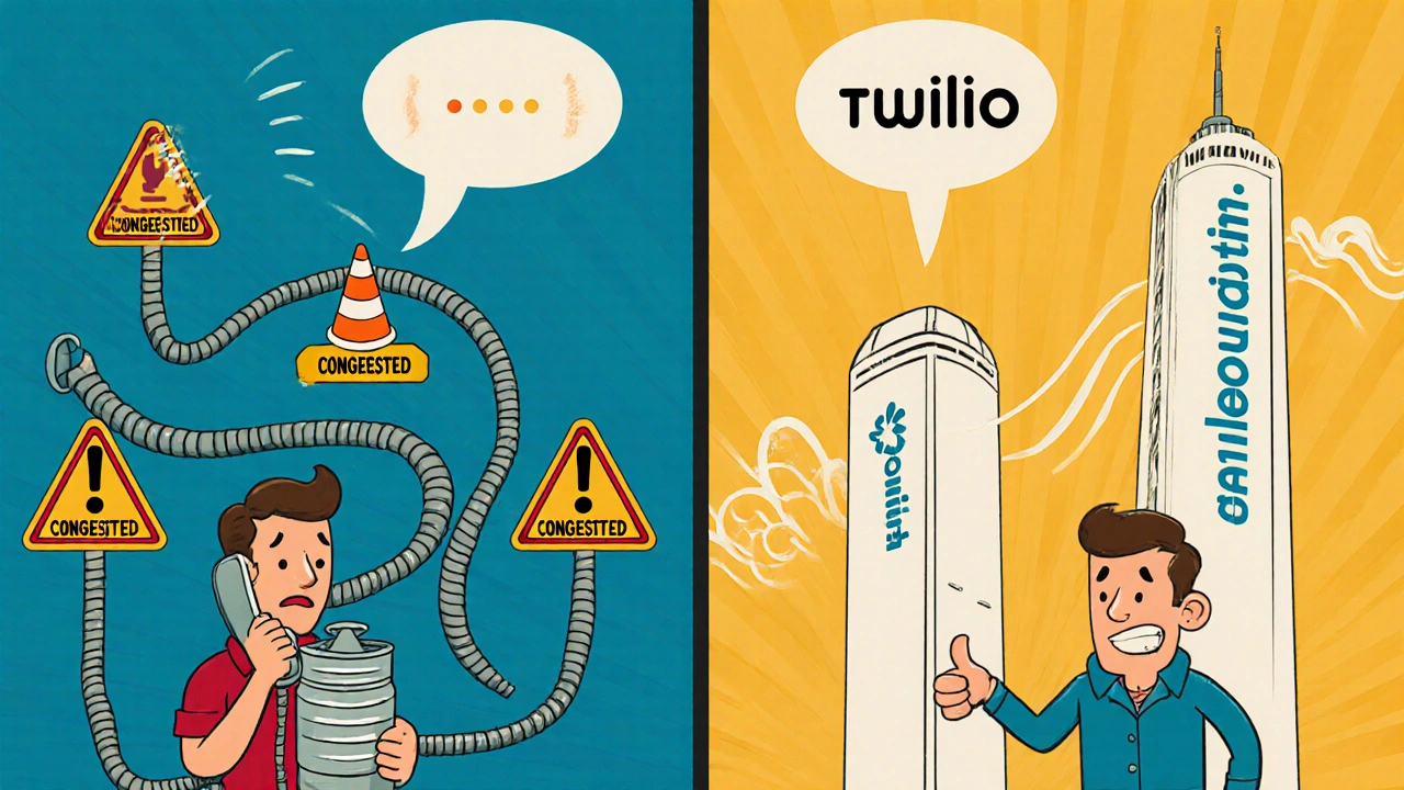 Split-screen: one call stutters through congested networks, another flows smoothly between clean PoP towers.