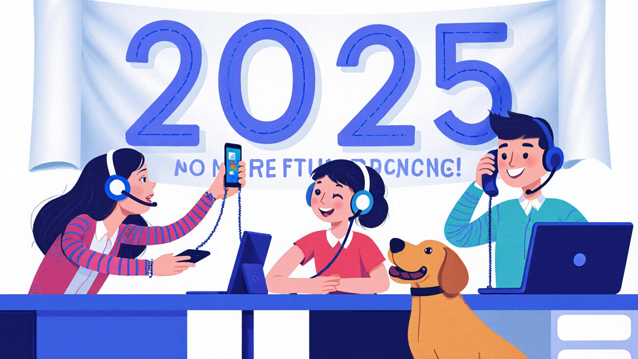 Three employees using multipoint headsets in a futuristic office, juggling calls effortlessly