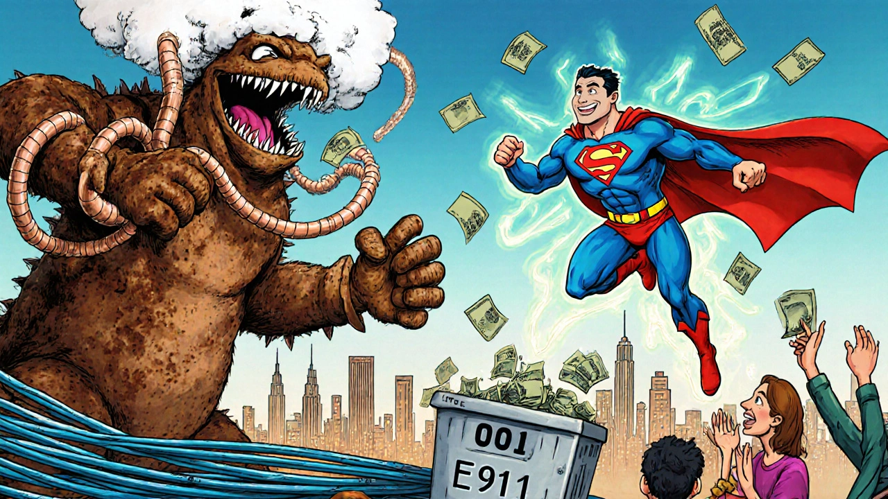 A cartoon VoIP superhero battles a rusty landline monster in a city made of internet cables.
