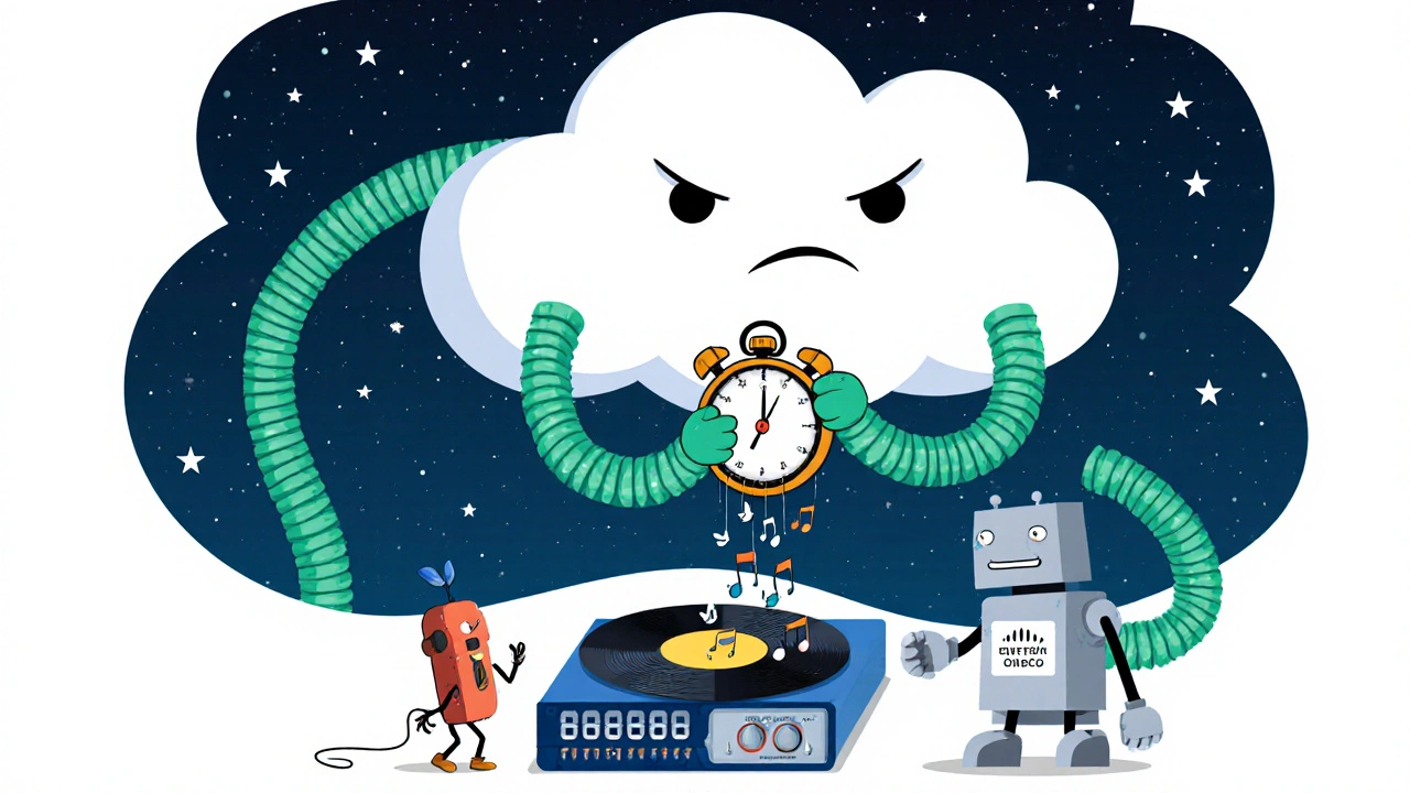A giant carrier cloud squeezes a 30-second timer dripping music as tiny VoIP systems struggle below.