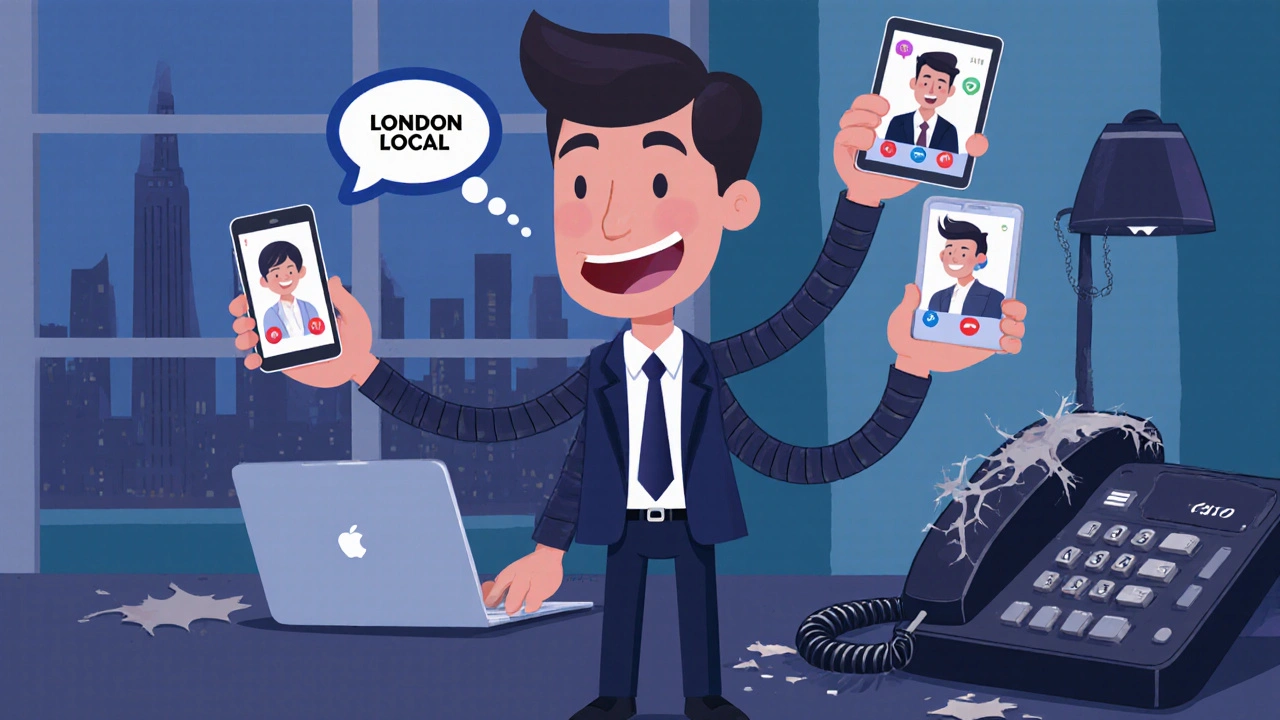 A modern worker on video calls with three global locations, while an old landline lies broken nearby.