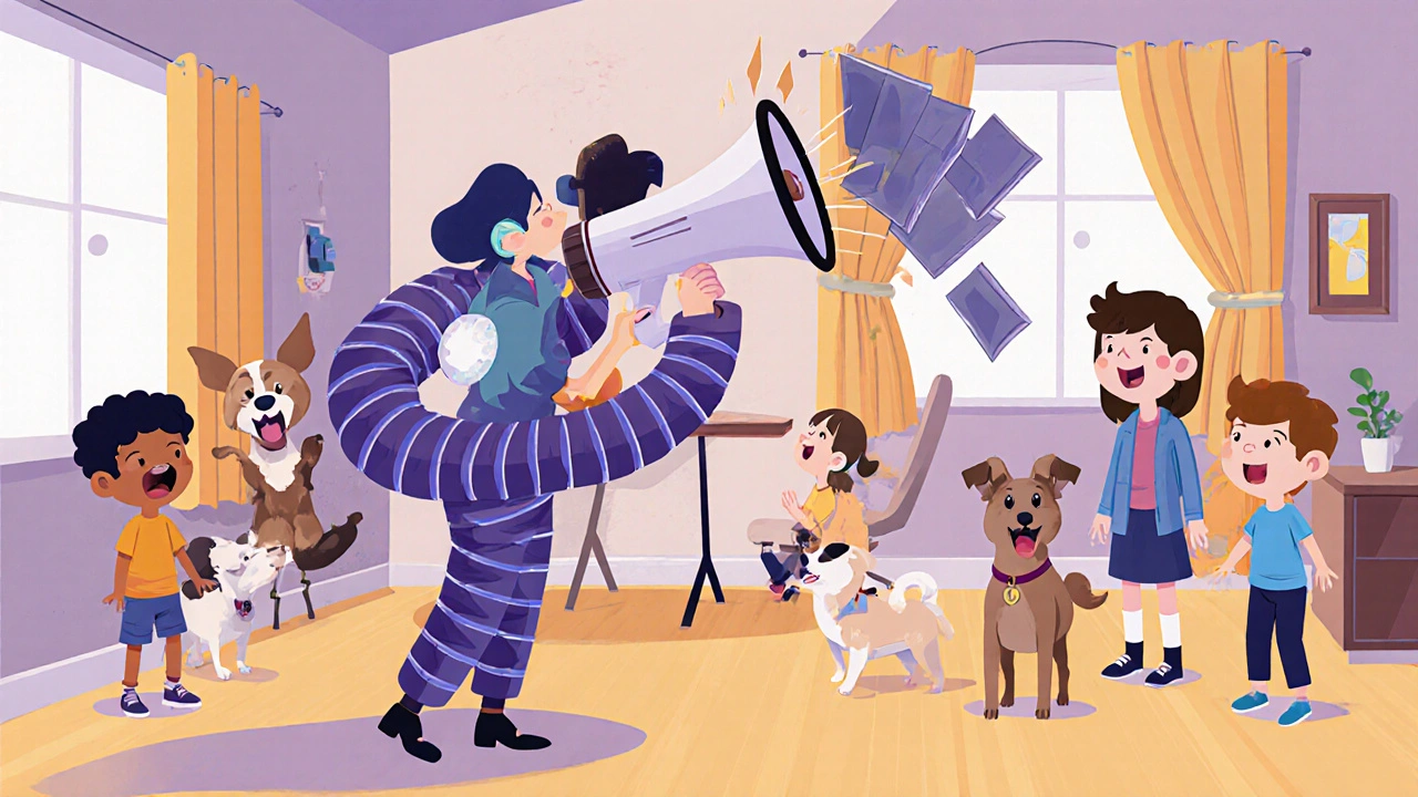 A remote worker in a noisy home office, their voice blasting as a megaphone while the caller shrinks, with acoustic panels reducing chaos.