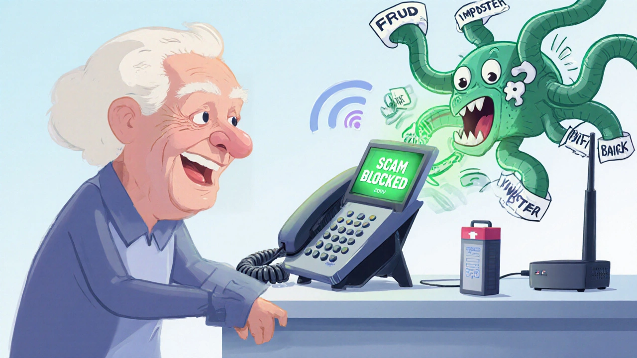 A senior smiling as a VoIP phone blocks comical scam calls with a green &#039;Scam Blocked&#039; badge.