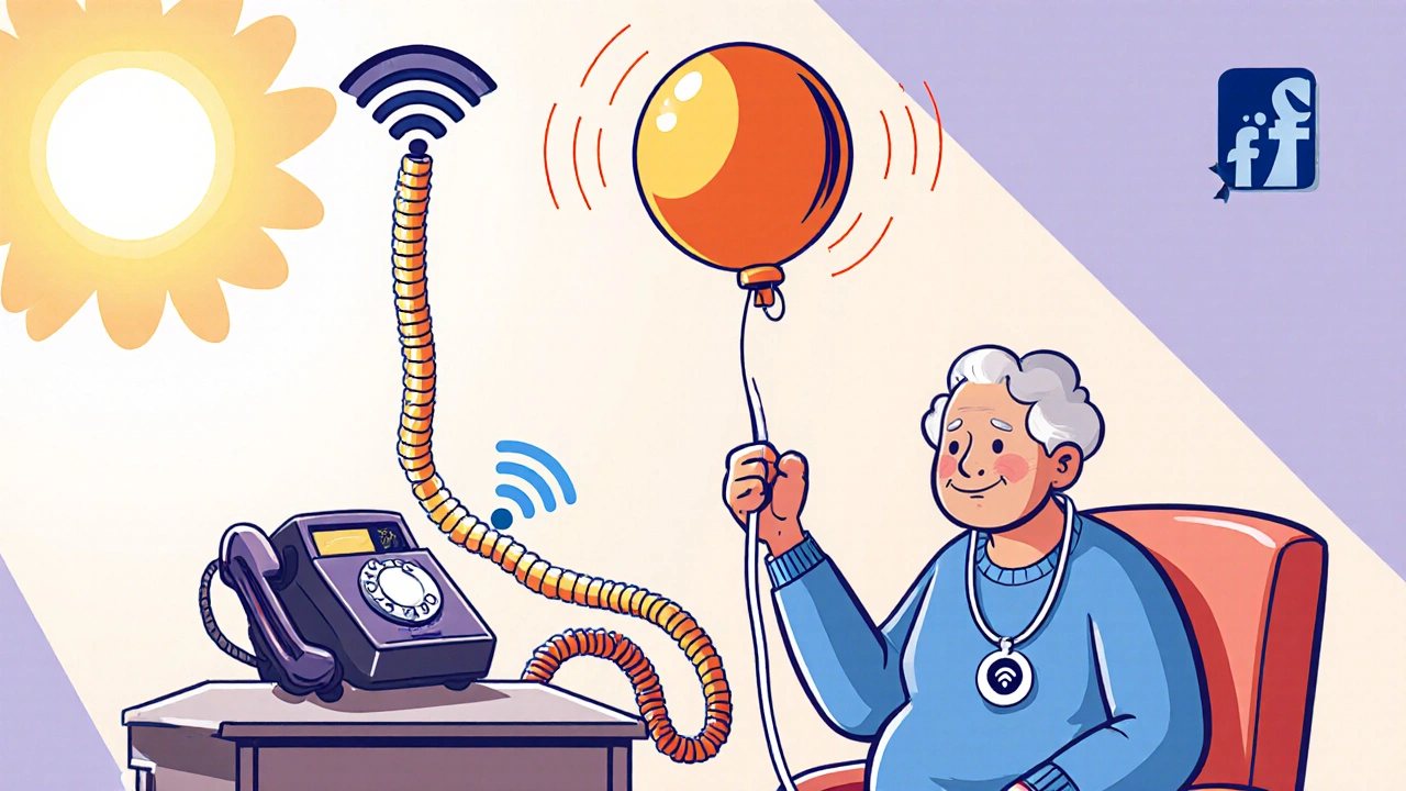 A senior wearing a safety sensor with a floating alert balloon and landline phone nearby.