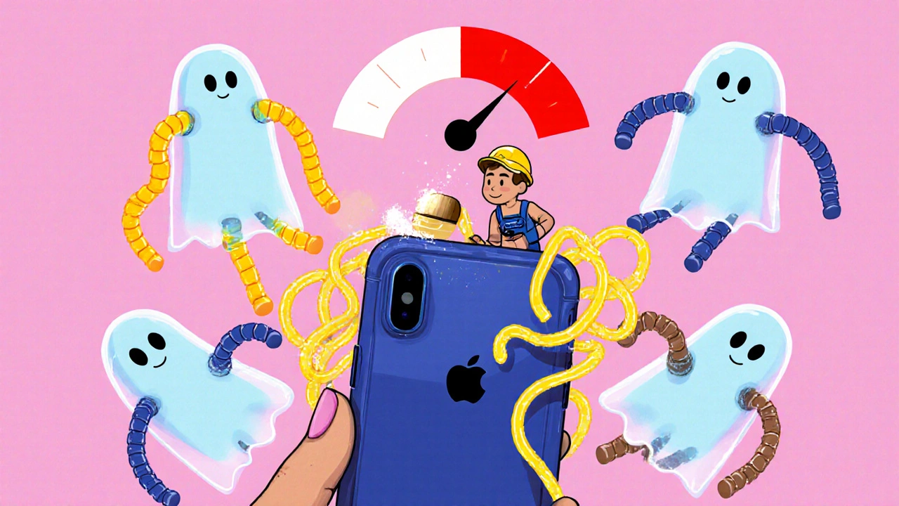 An iPhone with a case blocking its mic, a tiny cleaner brushing dust away, and tangled audio enhancement effects floating nearby.