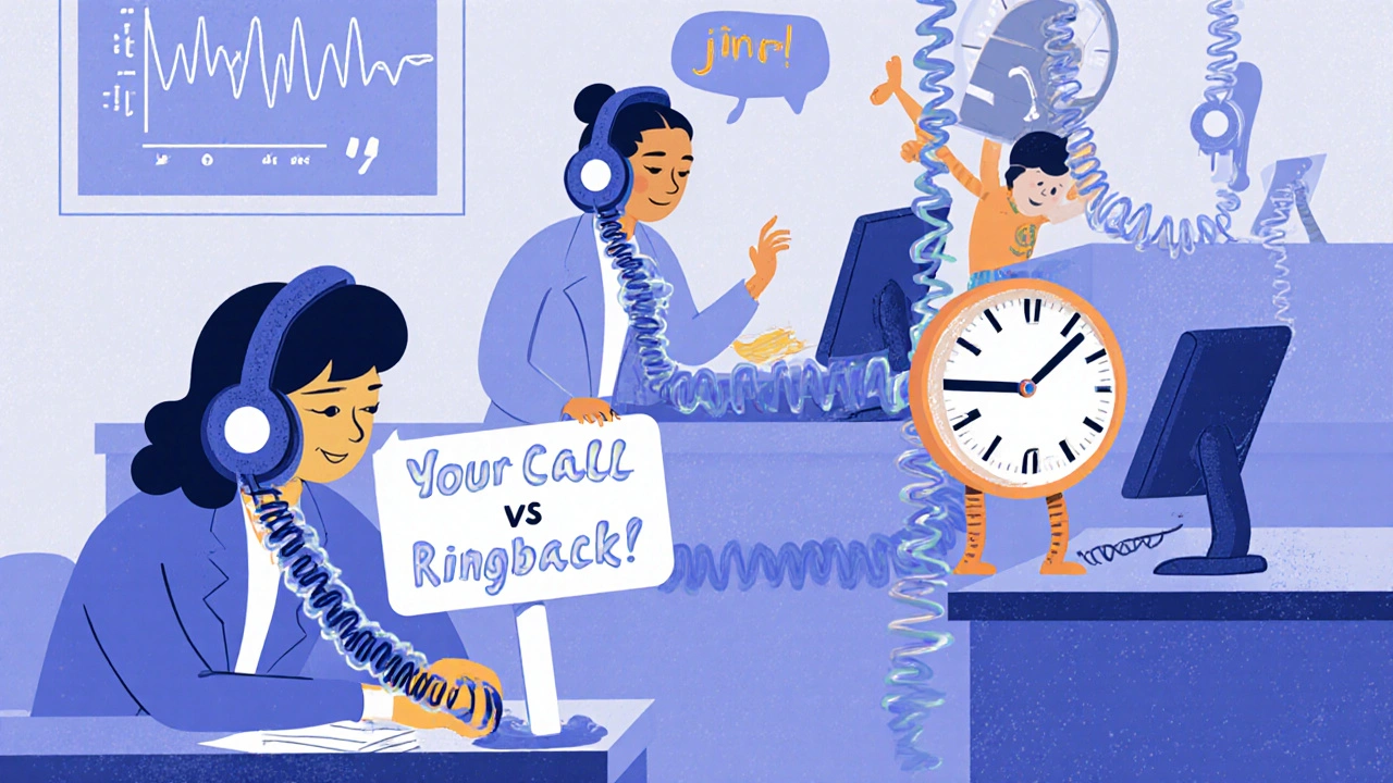 Bouncy call center agents handle phones playing audio messages while a customer watches a melting timer.