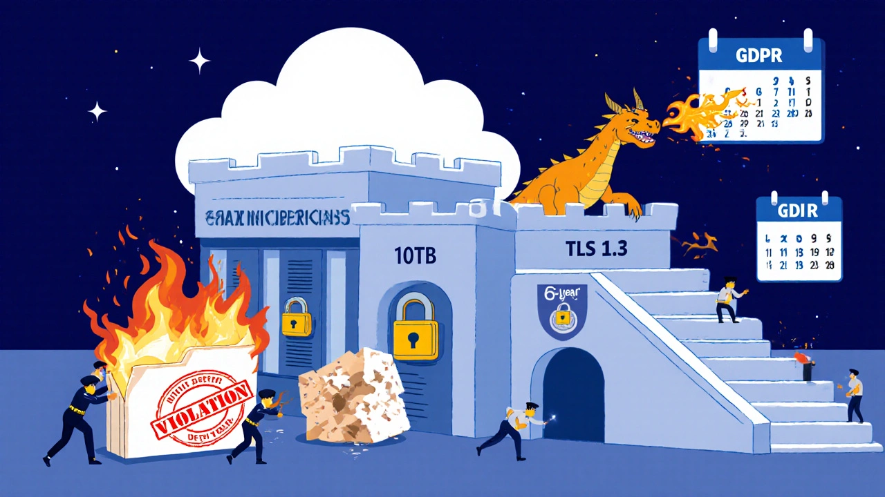 Cartoon castle storing encrypted call data with agents hauling massive files, while an unsecured folder burns in flames.