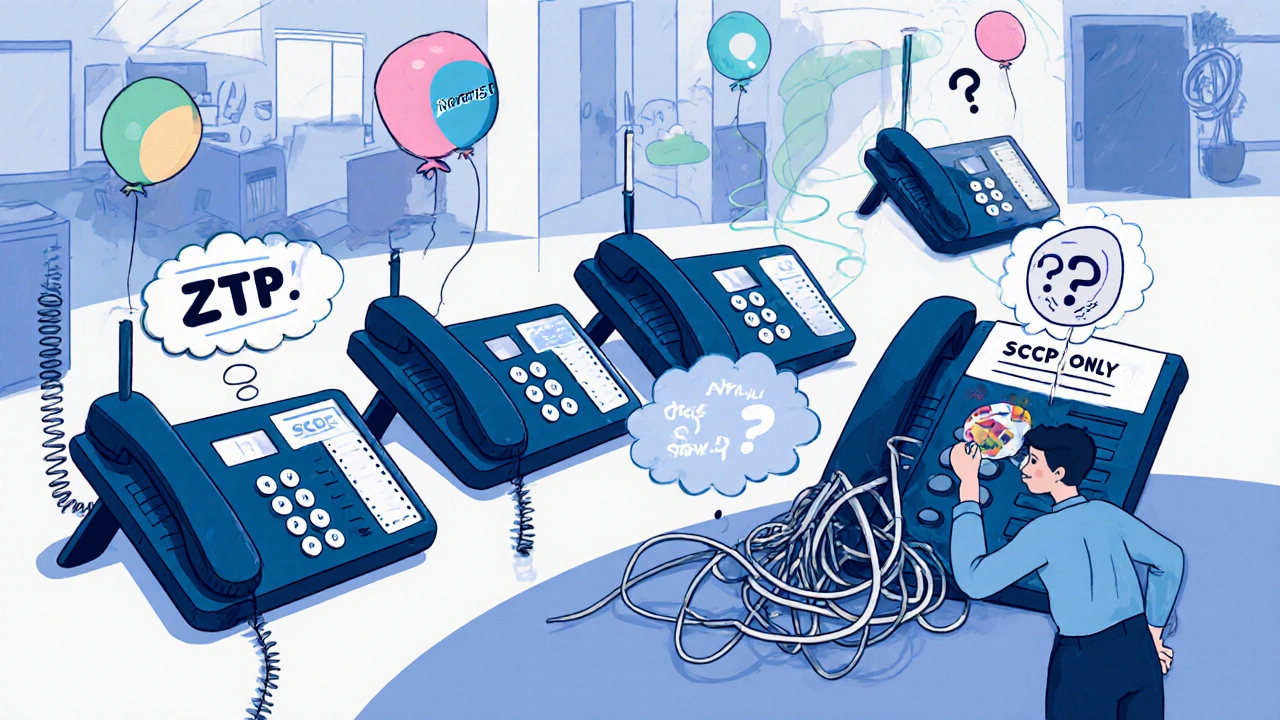 MPP-certified phones auto-provisioning in an office, while an outdated phone struggles with manual setup and tangled wires.