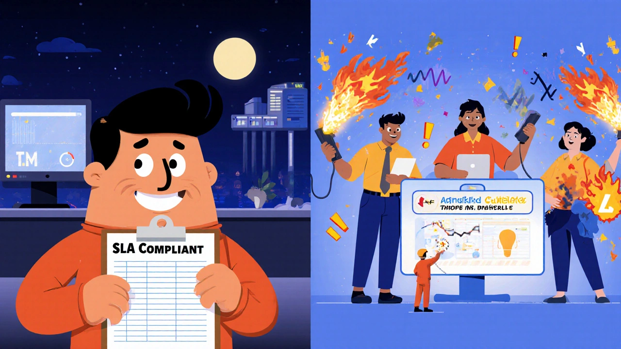 Split cartoon scene: a provider monitoring at night vs. employees facing chaotic call issues during business hours.