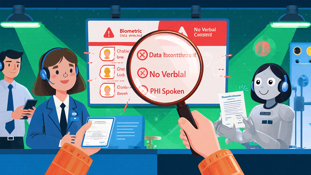 Supervisor using a magnifying glass to view AI flags on call playback, with agents listening and a shrinking consent form nearby.