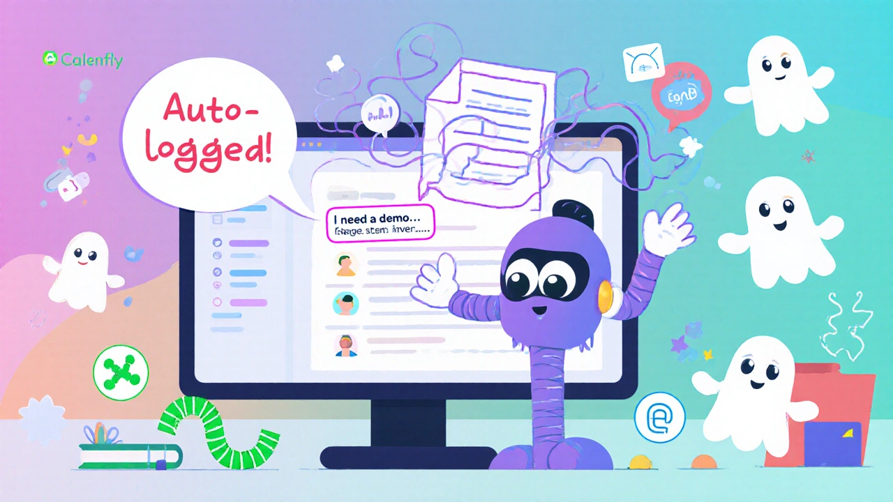 A cute AI assistant tags call topics like &#039;Interested in Demo&#039; and connects to other apps with floating icons.