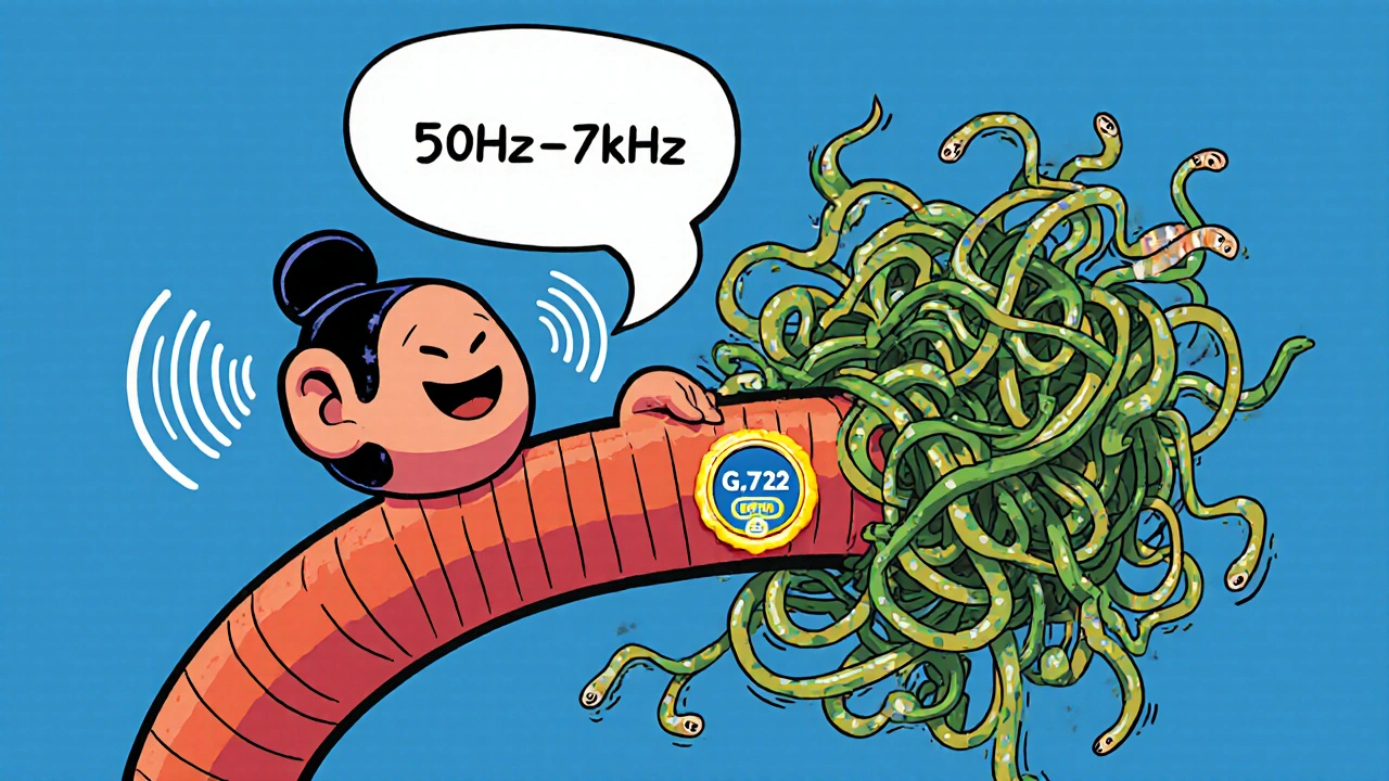 A single earbud receiving clear wideband mono sound while tangled stereo cables trip over themselves.