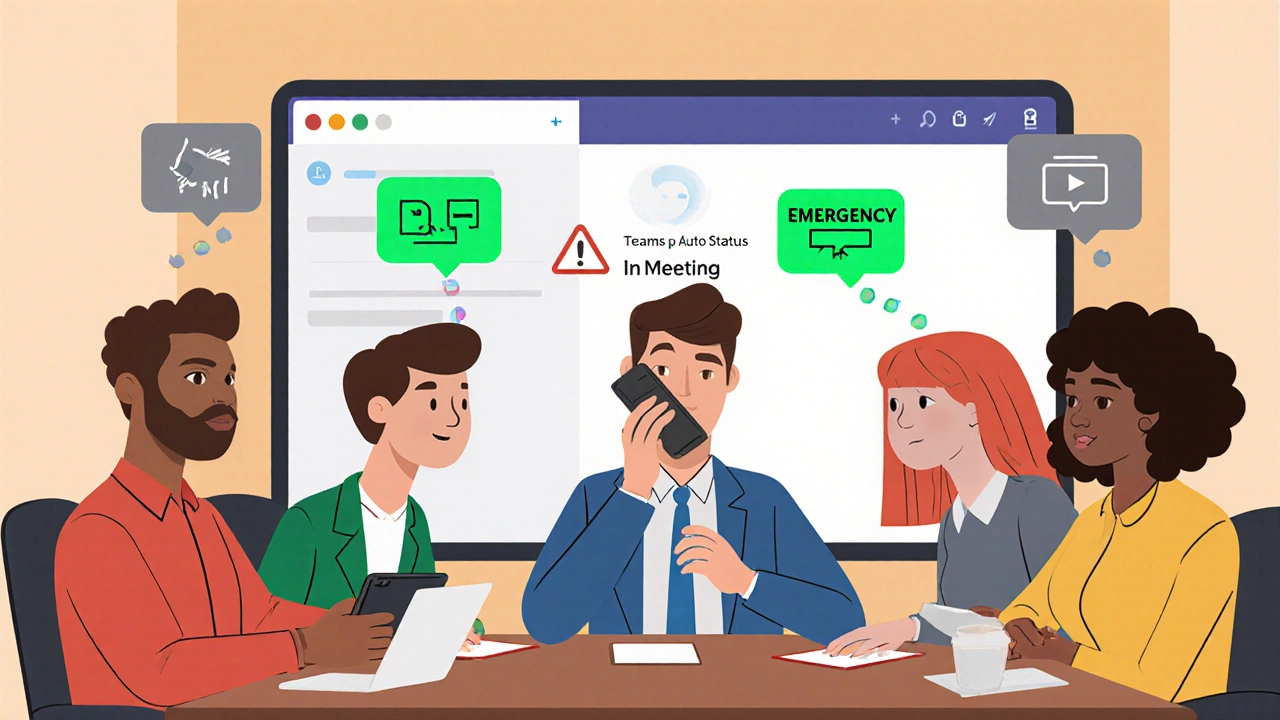 A team with personalized alert icons above their heads, one receiving an urgent emergency notification while others stay calm.