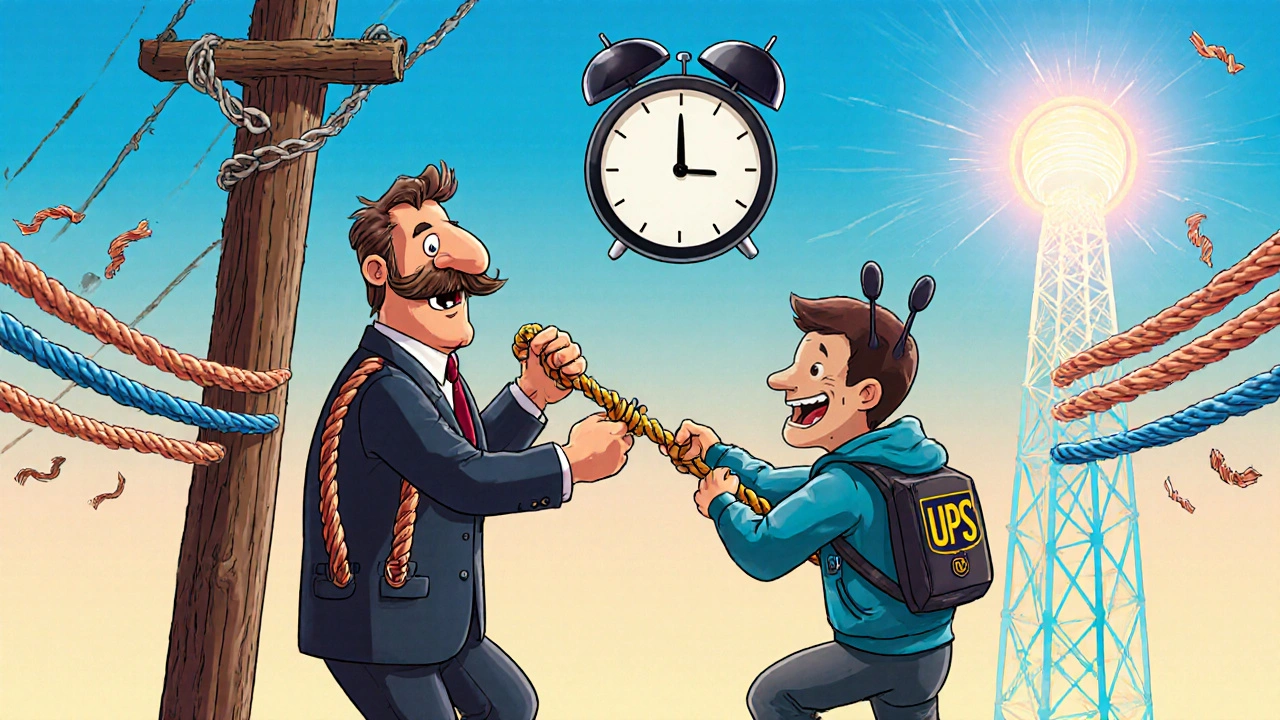 A tug-of-war between a classic landline and a futuristic VoIP phone, with copper wires breaking.