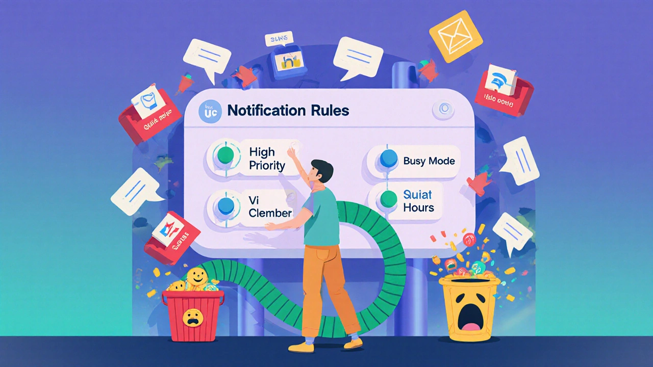 A user adjusting a colorful control panel to sort notifications into labeled bins with playful cartoon physics.