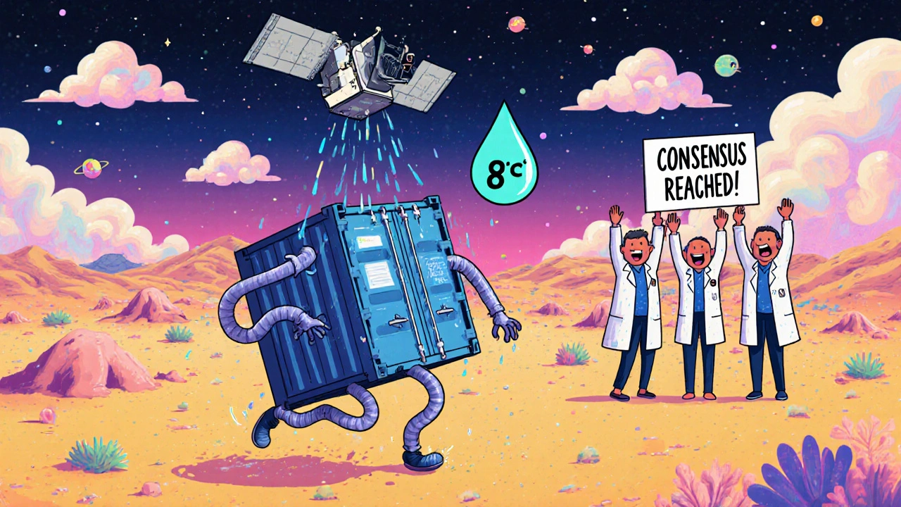 A walking container sweating under a satellite&#039;s raindrop, cheered on by oracle nodes in lab coats.