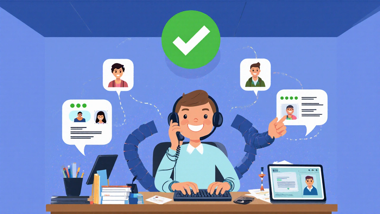 An agent uses stretchy arms to manage calls and social media from one dashboard with glowing connections.