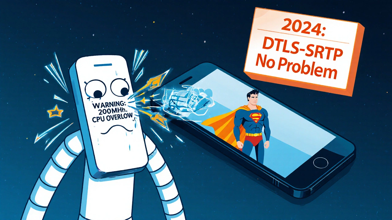 An old VoIP phone with stick limbs struggles as encrypted packets overload its tiny CPU.