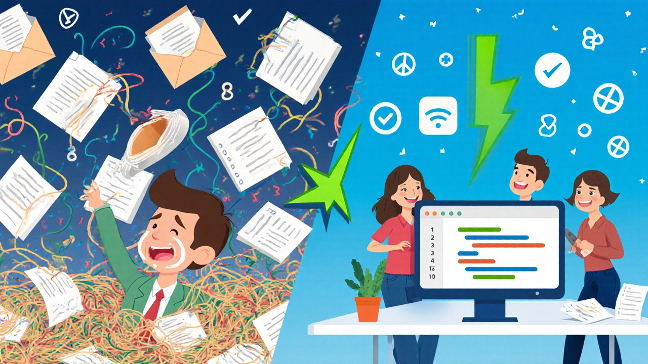 Before-and-after scene: chaos of papers vs. calm team sharing a screen with efficiency arrow connecting them.