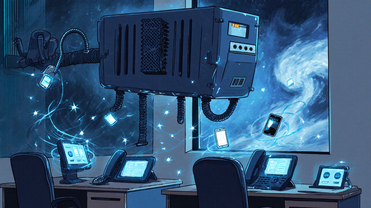 Modern VoIP phones glowing with data streams, supported by a superhero UPS backup unit.